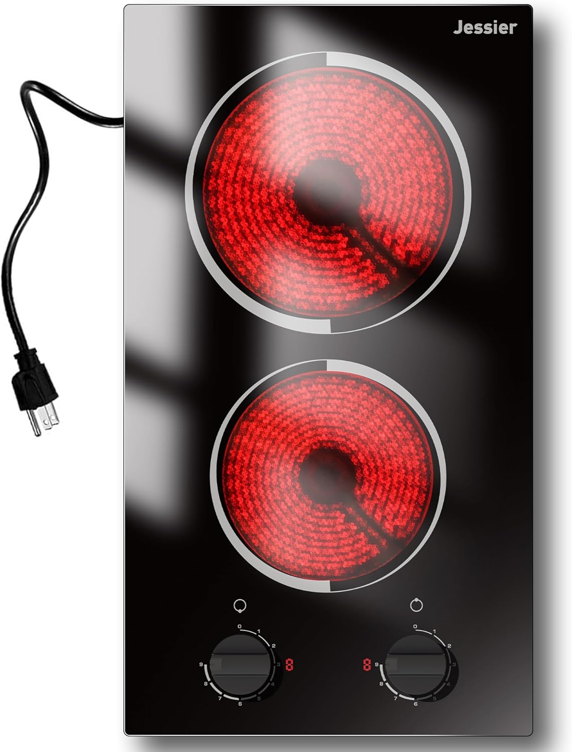 2 Burner Electric Cooktop - 12 Inch Plug in Portable 110V Electric Cook Top Two Burner, Built-in & Countertop Ceramic Stove Top with Knob Control, 9 Power Levels and Overheat Protection